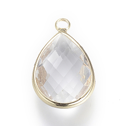 Clear Glass Pendants, with Brass Findings, Faceted, Drop, Light Gold, Clear, 18x10.5x4.5mm, Hole: 1.8~2.3mm