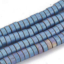 Azul Chapado Electroplate no magnéticas de hematita sintética hebras de cuentas, estilo mate, buñuelo, azul chapado, 4x2 mm, agujero: 2.5 mm, sobre 200 unidades / cadena, 15.7 pulgada