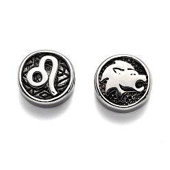 Leo 304 Stainless Steel Beads, Flat Round with Twelve Constellations, Antique Silver, Leo, 10x4mm, Hole: 1.8mm