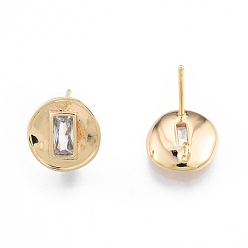 Real 18K Gold Plated Brass Micro Pave Cubic Zirconia Stud Earring Finding, with Vertical Loops, Nickel Free, Flat Round with Rectangle, Real 18K Gold Plated, 11mm, Hole: 1.4mm, Pin: 0.8mm