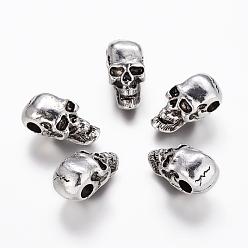 Antique Silver Tibetan Style Alloy Beads, Lead Free and Nickel Free, Halloween, Skull, Antique Silver, 24x12x13mm, Hole: 4mm