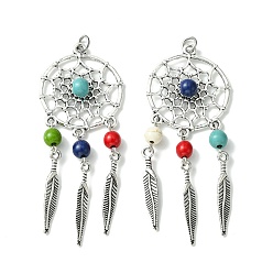 Feather Synthetic Turquoise Dyed Big Pendants, Antique Silver Plated Alloy Woven Web/Net Charms, Mixed Color, Feather, 71.5x28x7mm, Hole: 3.5mm