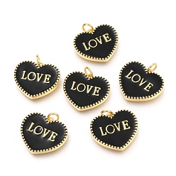 Noir Laiton émail pendentifs, plaqué longue durée, réel 18 k plaqué or, avec des anneaux de saut, pour Saint Valentin, coeur avec l'amour des mots, noir, 17.5x20x2.5mm, Trou: 3mm