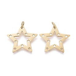 Golden Ion Plating(IP) 304 Stainless Steel Pendants, Laser Cut, with Jump Ring, Star, Golden, 17x18x0.8mm, Jump Ring: 4.3x0.7mm, 2mm Inner Diameter