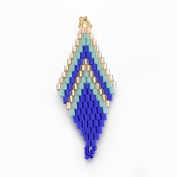Bleu Royal Liens de perles de rocaille japonaises faites à la main miyuki & toho, Motif métier, losange, bleu royal, 43~45x17.6~18.1x1.7~2mm, Trou: 1.2~1.5mm