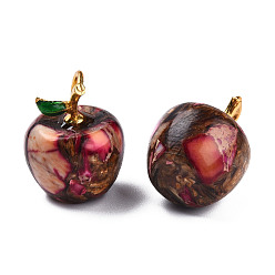 Camellia Synthetic Gold Line Imperial Jasper Pendants, with Light Gold Plated Alloy Enamel Loops, Dyed & Heated, Apple, Camellia, 18.5x13.5mm, Hole: 2x4mm