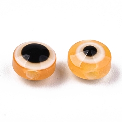 Orange Perles en résine, plat rond, mauvais œil, orange, 10~11x5~7mm, Trou: 2mm