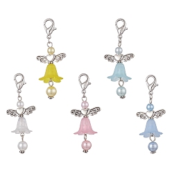 Mixed Color Angel Acrylic Pendants Decorations, with Zinc Alloy Lobster Claw Clasps, Mixed Color, 60mm