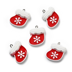 Red Opaque Resin Pendants, with Platinum Tone Iron Loops, Christmas Sock with Snowflake Pattern, Red, 24x18.5x4.5mm, Hole: 2mm