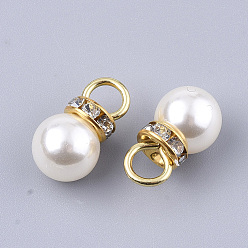 Golden High Luster ABS Plastic Imitation Pearl Pendants, with Golden Plated Iron Findings and Crystal Rhinestone, Round, Creamy White, 17~17.5x9.5mm, Hole: 4.5mm