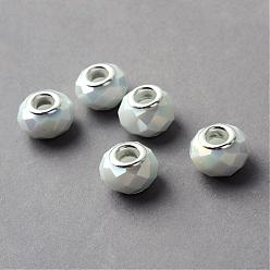 Creamy White Electroplated Glass European Beads, Large Hole Beads, with Brass Cores, Silver Color Plated, Imitation Jade, Faceted Rondelle, Creamy White, 14x9.5mm, Hole: 5mm