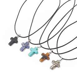 Mixed Stone 5Pcs 5 Style Natural & Synthetic Mixed Gemstone Cross Pendant Necklaces Set with Waxed Cord for Women, 17.72 inch(45cm), 1Pc/style
