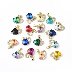 Mixed Color Real 18K Gold Plated Rack Plating Brass Micro Pave Clear Cubic Zirconia Pendants, with Glass, Long-Lasting Plated, Cadmium Free & Lead Free, Heart Charm, Mixed Color, 16x19.5x8mm, Hole: 5x3.2mm