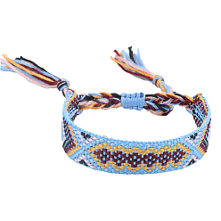 Sky Blue Polyester-cotton Braided Rhombus Pattern Cord Bracelet, Ethnic Tribal Adjustable Brazilian Bracelet for Women, Sky Blue, 5-7/8~11 inch(15~28cm)