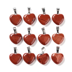 Red Jasper Natural Red Jasper Pendants, Heart Charms with Platinum Tone Brass Snap on Bails, 17~19x15~16x5~8mm, Hole: 2x7mm