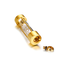 Oro Colgantes de cenizas de urna de reloj de arena de vidrio de acero de titanio, alta pulido, para joyas conmemorativas, dorado, 46x12 mm, agujero: 5 mm