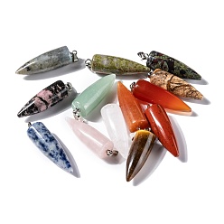 Mixed Stone Natural Mixed Gemstone Pendants, with Platinum Brass Findings, Bullet, 32~35x10~11mm, Hole: 7X3mm