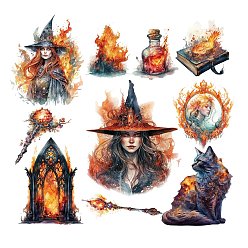 Orange 20Pcs 10 Styles Witch Theme PET Self Adhesive Decorative Stickers, Waterproof Gothic Decals, for DIY Scrapbooking, Orange, Packing: 130x90mm, 2pcs/style