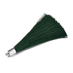 Vert Foncé Grosses décorations de pendentif en pompon en fibre, avec accessoire de platine en laiton , vert foncé, 70~73x7~25mm, Trou: 1.8mm