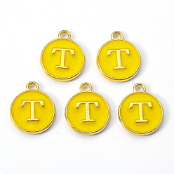Letter T Golden Plated Alloy Enamel Charms, Enamelled Sequins, Flat Round with Letter, Gold, Letter.T, 14x12x2mm, Hole: 1.5mm
