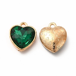 Verde Oscuro Colgantes de diamantes de imitación de cristal facetado, con hallazgos de aleación de zinc de tono dorado, encantos del corazón, verde oscuro, 16.5x14x6.5 mm, agujero: 1.6 mm