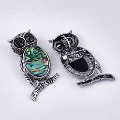Colorful Abalone Shell/Paua Shell Brooches/Pendants, with Rhinestone and Alloy Findings, Resin Bottom, Owl, Antique Silver, 51x28~29x13.5mm, Hole: 4.5x8.5mm, Pin: 0.5mm