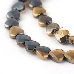 Light Gold Plated Electroplated Non-magnetic Synthetic Hematite Beads Strands, Faceted, Half Plated, Heart, Light Gold Plated, 8x8x3mm, Hole: 0.8mm, about 54pcs/strand, 16.14 inch(41cm)