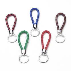 Mixed Color Braided PU Keychain, with Alloy Findings and Iron Ring, Platinum, Mixed Color, 125~130x7.5~8mm