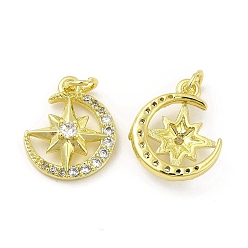 Golden Brass Micro Pave Cubic Zirconia Pendants, with Jump Ring, Moon with Star Charm, Golden, 16x13.4x4mm, Hole: 2.5mm
