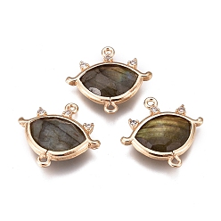 Labradorite Natural Labradorite Links, with Light Gold Plated Edge Brass Loops and Crystal Rhinestone, Faceted, Eye, 21x20x5mm, Hole: 1.2mm and 1.6mm