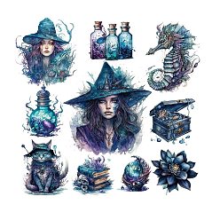 Prussian Blue 20Pcs 10 Styles Witch Theme PET Self Adhesive Decorative Stickers, Waterproof Gothic Decals, for DIY Scrapbooking, Prussian Blue, Packing: 130x90mm, 2pcs/style