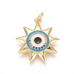 Colorful Golden Plated Brass Micro Pave Cubic Zirconia Pendants, with Enamel and Jump Rings, Sun with Evil Eye, Colorful, 21.5x19.5x3.5mm, Hole: 3.5mm