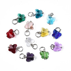 Mixed Color Faceted Transparent Glass Charms, with Iron Jump Ring, Butterfly, Mixed Color, 13~14x9.8x6mm, Hole: 4mm