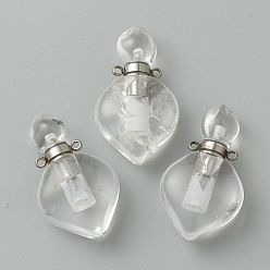 Quartz Crystal Natural Quartz Crystal Pendants, Rock Crystal Pendants, with Platinum Brass Findings, Openable Perfume Bottle, 37x21x11mm, Hole: 1.5mm