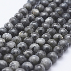 Noir Brins de perles de larvikite naturelles, teint, ronde, noir, 8~8.5mm, Trou: 1mm, Environ 47~49 pcs/chapelet, 14.5 pouces ~ 14.9 pouces (37~38 cm)