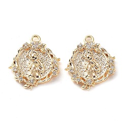 Real 18K Gold Plated Rack Plating Brass Micro Pave Cubic Zirconia Pendants, Flat Round Christmas Wreath, Real 18K Gold Plated, 15.5x13x2.5mm, Hole: 1.4mm