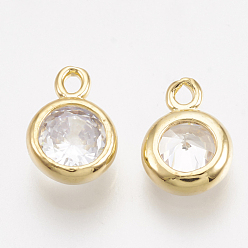 Real 18K Gold Plated Brass Cubic Zirconia Charms, Flat Round, Clear, Real 18K Gold Plated, 8.5x6x2.5mm, Hole: 1.2mm