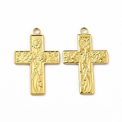 Real 18K Gold Plated Ion Plating(IP) 304 Stainless Steel Pendants, Cross with Sunflower Charm, Real 18K Gold Plated, 35x23x1.8mm, Hole: 2.5mm