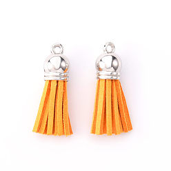 Orange Faux suède pendentif pompon décorations, avec extrémités de cordon en plastique ccb, platine, orange, 33~35x10mm, Trou: 2.5mm