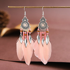 Розовый Серьги-люстры из перьев, старинные посеребренные украшения из сплава для женщин, туманная роза, 110x22 мм