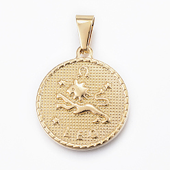 Leo Real 18K Gold Plated 304 Stainless Steel Pendants, Flat Round with Twelve Constellation/Zodiac Sign, Leo, 29x25x3.2mm, Hole: 9x4.5mm