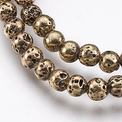 Light Gold Plated Electroplate Natural Lava Rock Beads Strands, Long-Lasting Plated, Round, Bumpy, Light Gold Plated, 4.5~5mm, Hole: 0.8mm, about 89pcs/strand, 15.16 inch(38.5cm)