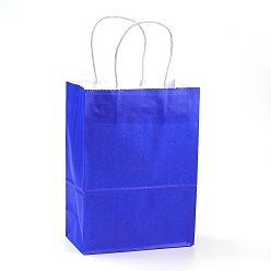 Bleu Sacs en papier kraft de couleur pure, sacs-cadeaux, sacs à provisions, avec poignées en ficelle de papier, rectangle, bleu, 21x15x8 cm