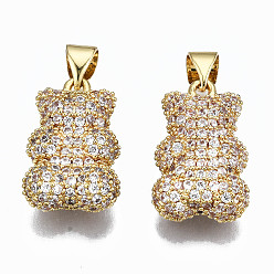 Real 16K Gold Plated Brass Micro Pave Clear Cubic Zirconia Pendants, Inlay Bear Shape Charms, Cadmium Free & Nickel Free & Lead Free, Real 16K Gold Plated, 19x12x6mm, Hole: 5.5x3mm