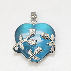 Sky Blue Cat Eye Pendants, with Brass Findings, Heart, Platinum Color, Sky Blue, 23x21x9mm, Hole: 5x4mm