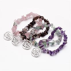 Mixed Color Gemstone Beads Charm Bracelets, with Tibetan Style Alloy Pendants, Flat Round with Lotus & Buddha, Mixed Color, 2 inch(50mm)