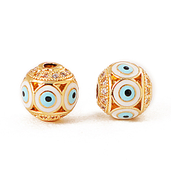 Cyan Brass Micro Pave Clear Cubic Zirconia Beads, with Enamel, Golden, Round with Evil Eye, Cyan, 10mm, Hole: 2mm