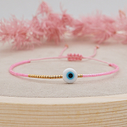 Pink Bracelet réglable en perles tressées avec mot de passe mauvais œil, rose, 11 pouce (28 cm)