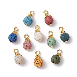 Golden Natural Lava Rock Dyed Pendants, Round Charms with Iron Loops, Mixed Color, Golden, 16.5x8.5mm, Hole: 2.5mm