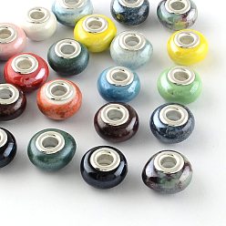 Mixed Color Rondelle Pearlized Handmade Porcelain European Beads, with Silver Color Plated Brass Cores, Large Hole Beads, Mixed Color, 14~16x9~10mm, Hole: 5mm